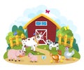 Farm animals. A cow with a calf, a pig with a piglet, hens with chickens against the backdrop of a barn and a forest, a wooden fen Royalty Free Stock Photo